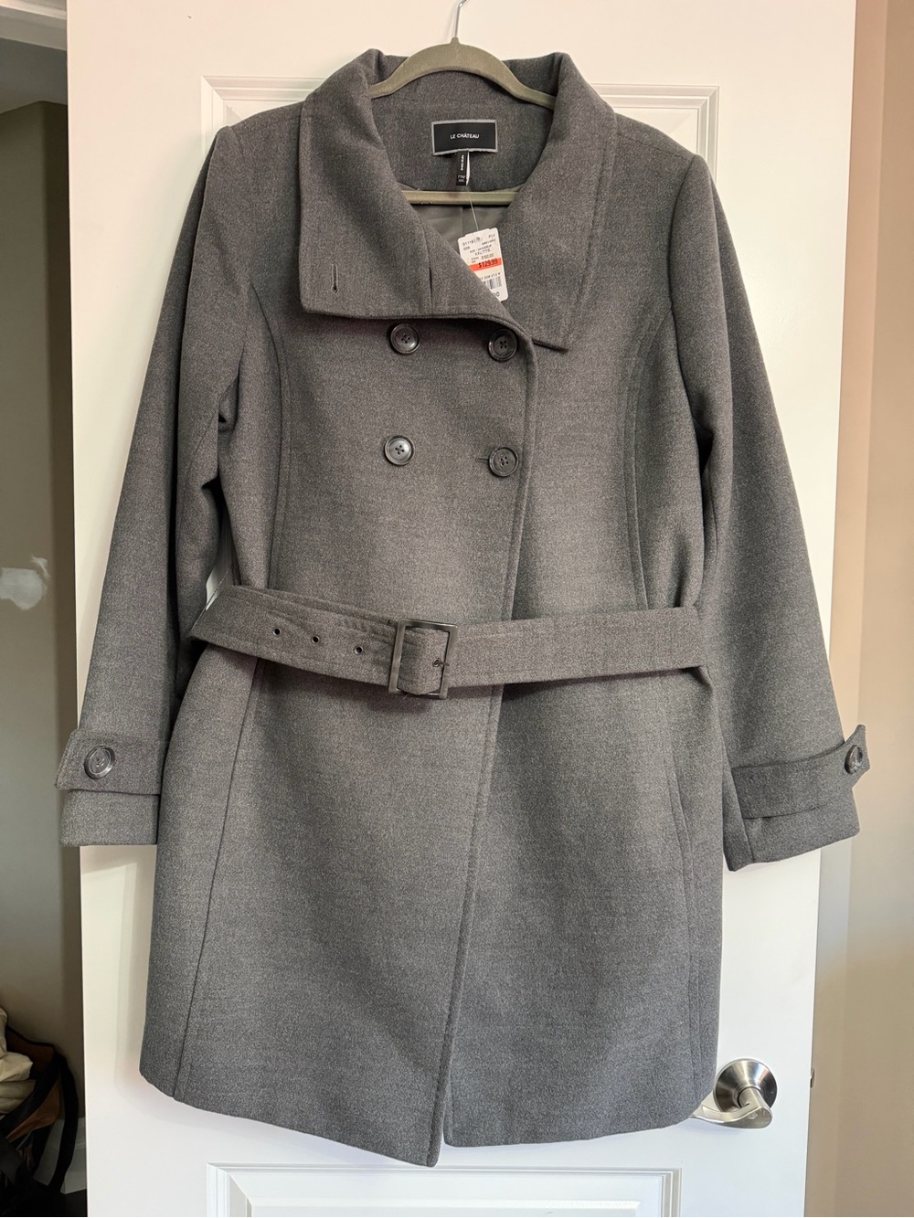 BNWT Le Chateau Gray Double-Breasted Belted Pea Coat XXL